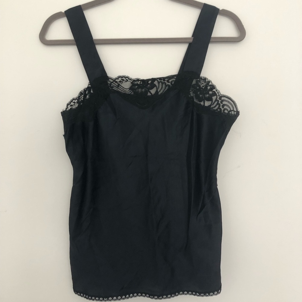 Vintage Navy Satin Tank with Black Lace Trim